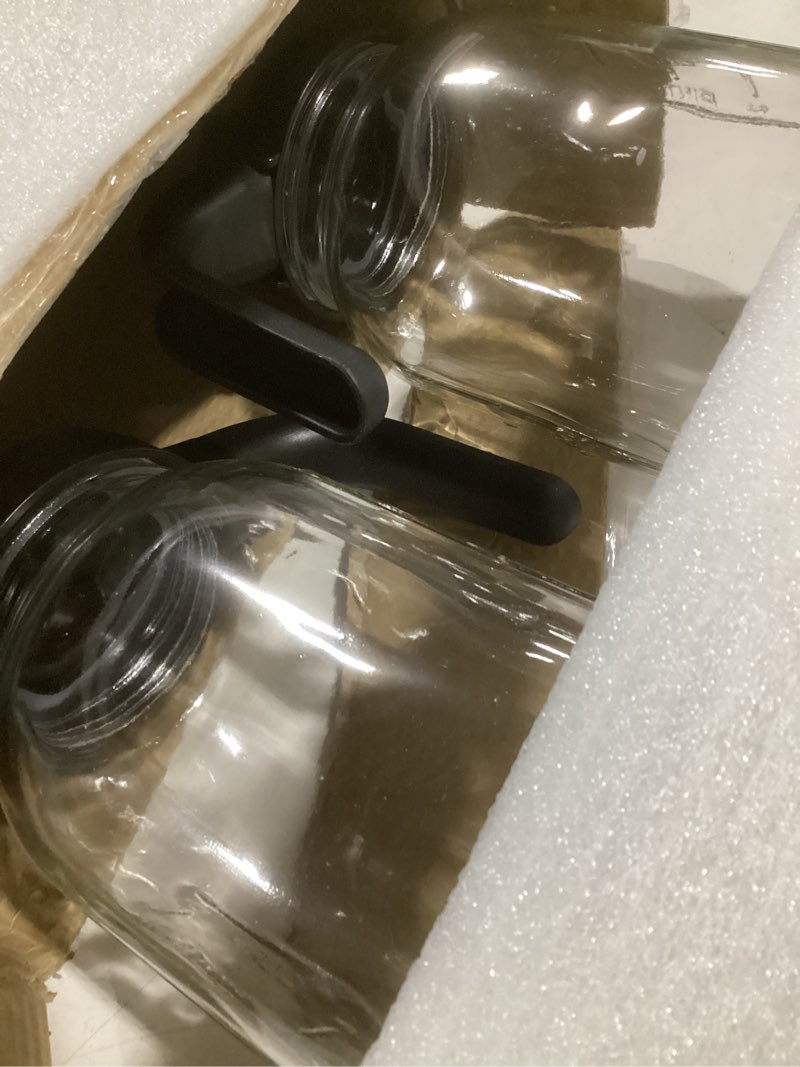 Condition photo showing As Is for 2 pack mason jar pitcher - airtight & leakproof glass pitcher with lid, perfect for juice, cold brew, and sun tea - 2 quart (64 oz) mason jar with pour spout lid + mixing spoon, brush, labels