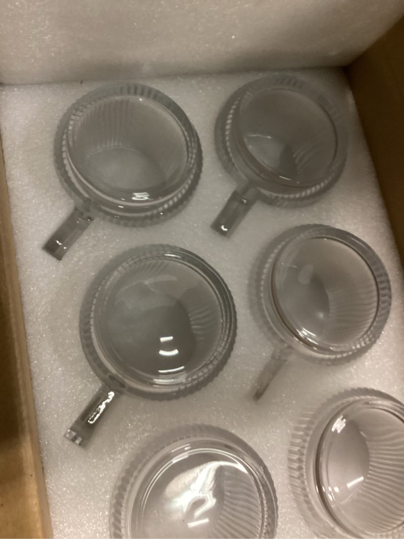 Condition photo showing New/Like New for 6 pack premium glass coffee mugs with handle, 12 oz classic vertical stripes glass coffee cups, transparent tea cup for hot/cold beverages, glassware set for americano, latte, cappuccino