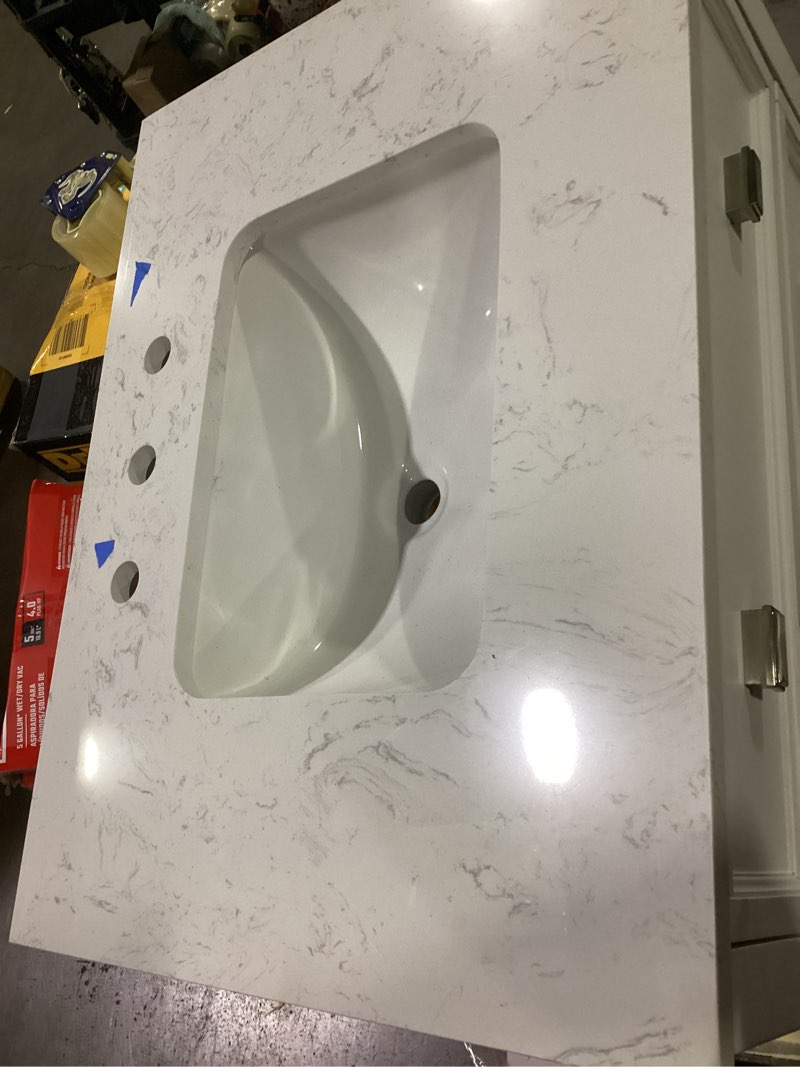 Condition photo showing As Is for allen + roth canterbury 30-in white undermount single sink bathroom vanity with carrara