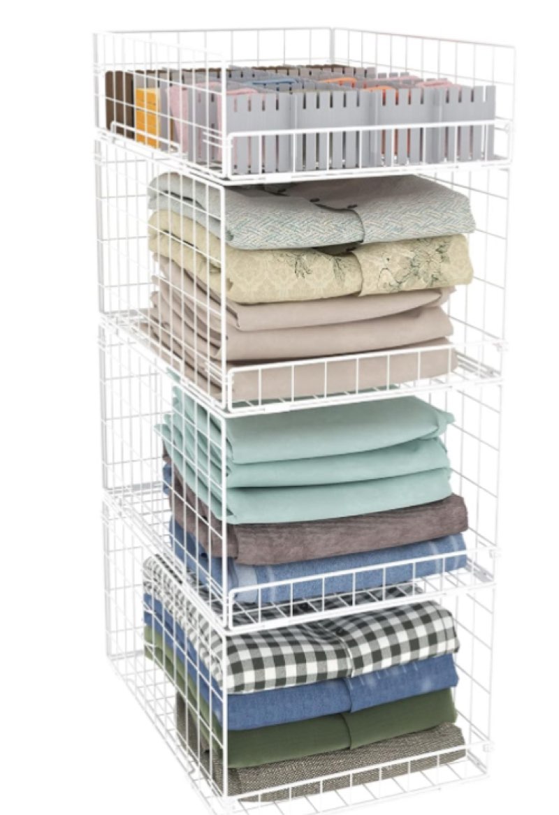 4 Tier Closet Organizers and Storage Shelves, Collapsible Stackable Storage Drawers Organizer Shelf Bins Baskets Containers for Truck Camper RV Closet Cupboard Wardrobe,Narrow, Sturdy Metal Frame