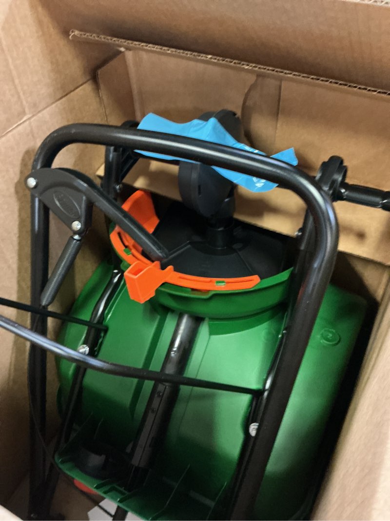 Condition photo showing Good Condition for scotts turf builder edgeguard mini broadcast spreader for seed, weed and feed, fertilizer, salt, ice melt, push spreader holds up to 5,000 sq.ft. product