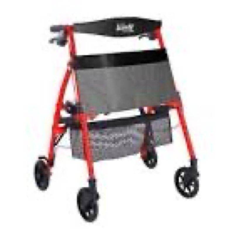 stander space saver rollator short, lightweight folding walker with seat for juniors & petite adults, 4-wheel mobility aid with 6-inch wheels, locking brakes, padded seat & backrest, sport red sport red short