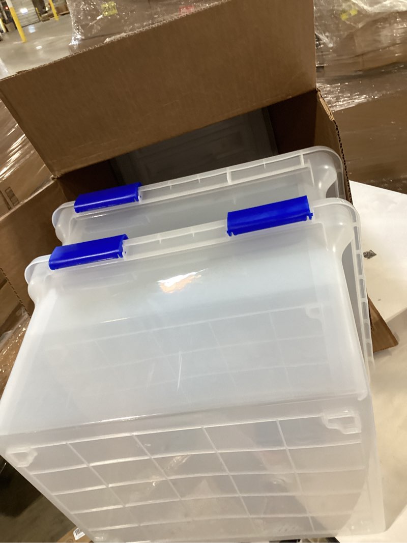 Condition photo showing As Is for iris usa file box, weatherpro file organizer for letter/legal file, water resistant document box, plastic gasket file box with tight latch and seal, stackable nestable, clear/blue 32 qt. 3 pack weatherpro (blue) - 3 pack