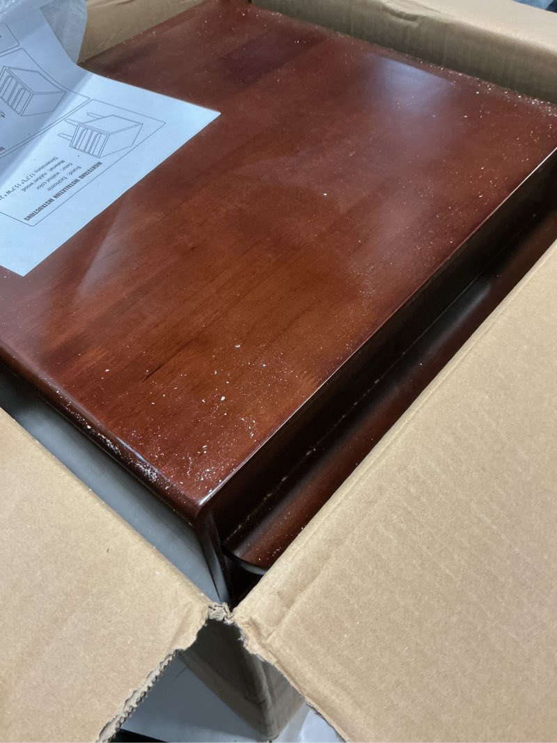 Condition photo showing Good Condition for solid oak wood nightstand, mid-century modern bedside table with 2 drawers, curved profile end table with storage & solid wood feet for bedroom, easy assembly, dark walnut color (15.7"dx17.7"wx21.6"h