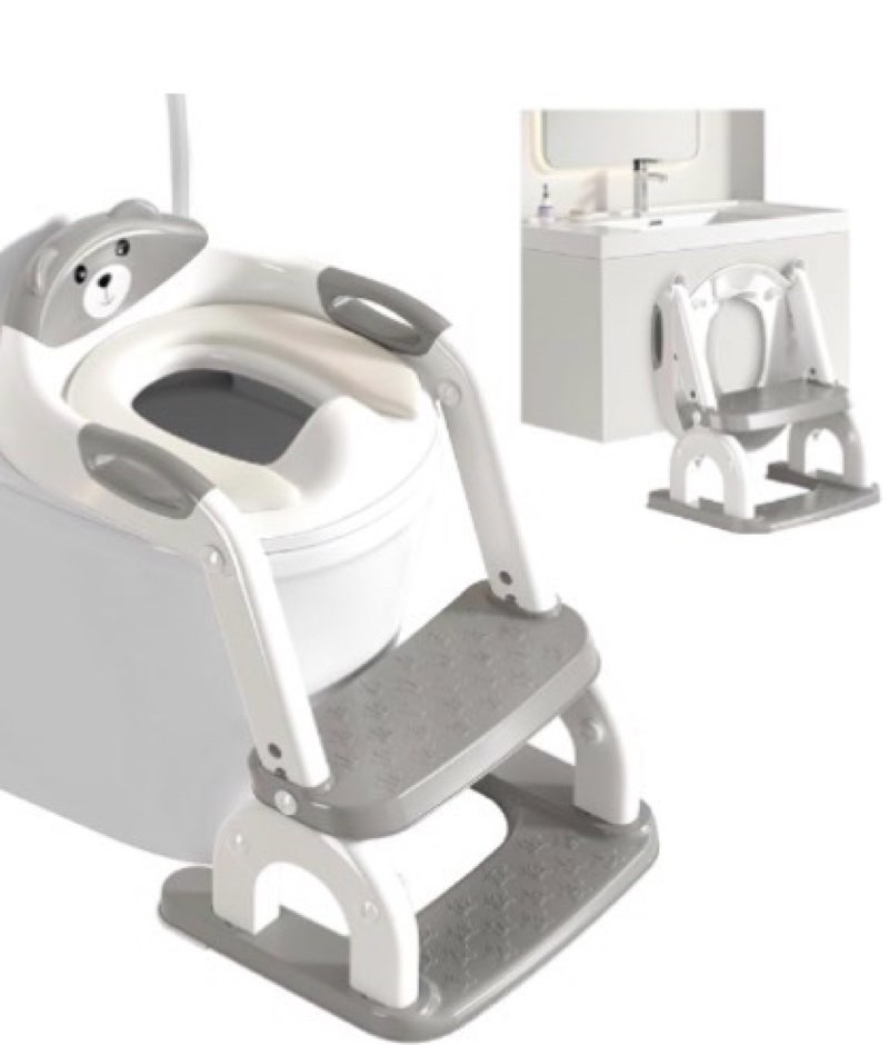 Step Stool for Toddlers - Upgrade 2-in-1 Toilet Seat Toilet Ladder for Kids Children Boys Girls, Anti-Slip Pad & Adjustable Height with Waterproof - Grey