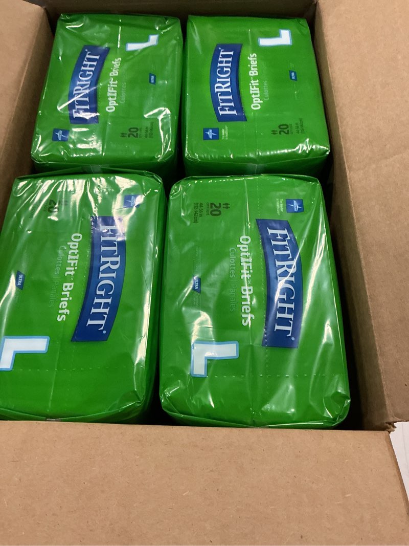 Condition photo showing New/Like New for fitright ultra adult diapers, disposable incontinence briefs with tabs, heavy absorbency, large, 44"-56", 4 packs of 20 (80 total)