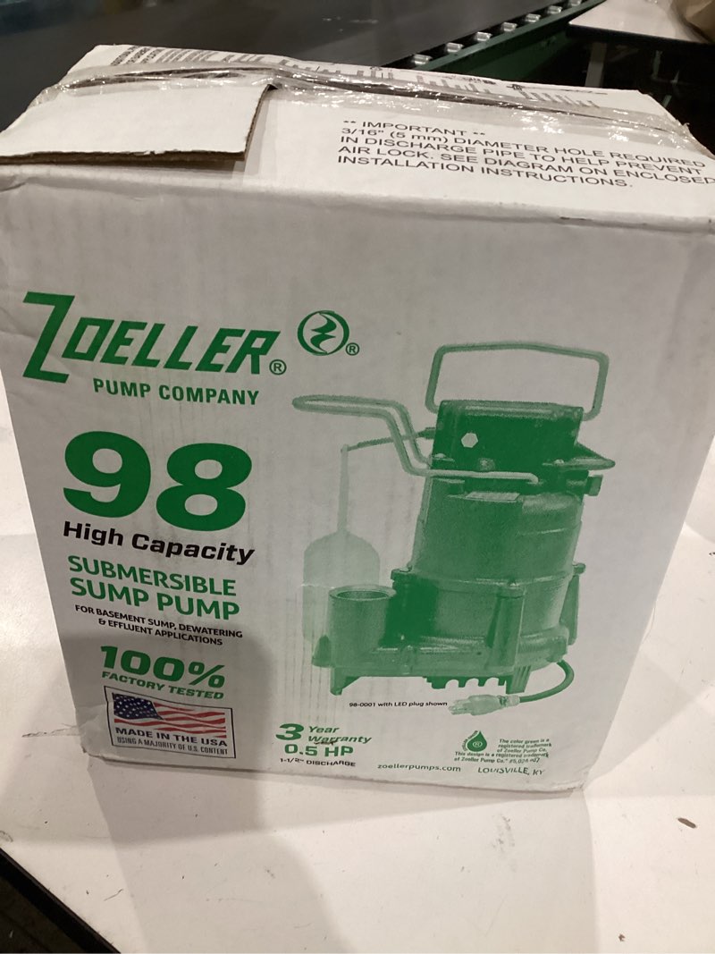 Condition photo showing Good Condition for zoeller m98 flow-mate sump pump - 1/2 hp - cast iron - led power plug - high flow - vortex impeller - stainless steel hardware - factory tested and float operated - submersible sump pump - 115v green submersible,sump pump
