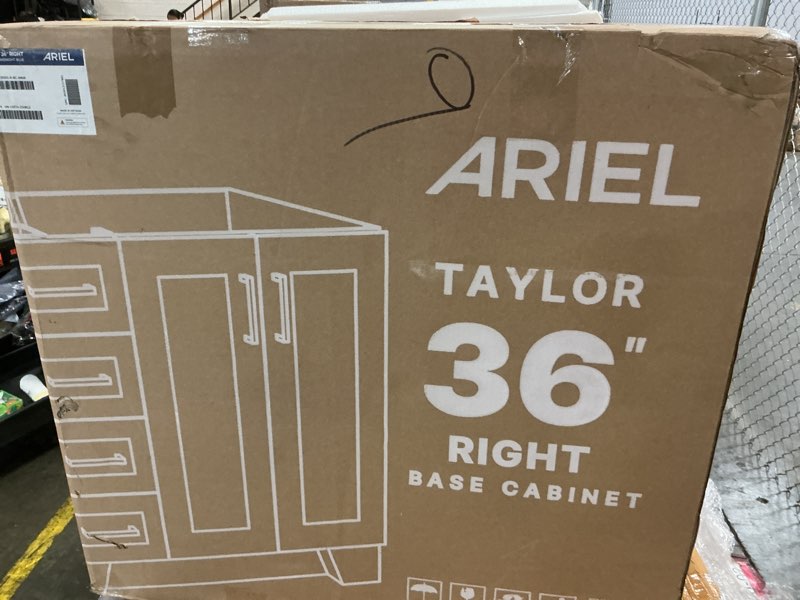 Condition photo showing As Is for ariel taylor 36 in. right offset single sink base cabinet in grey