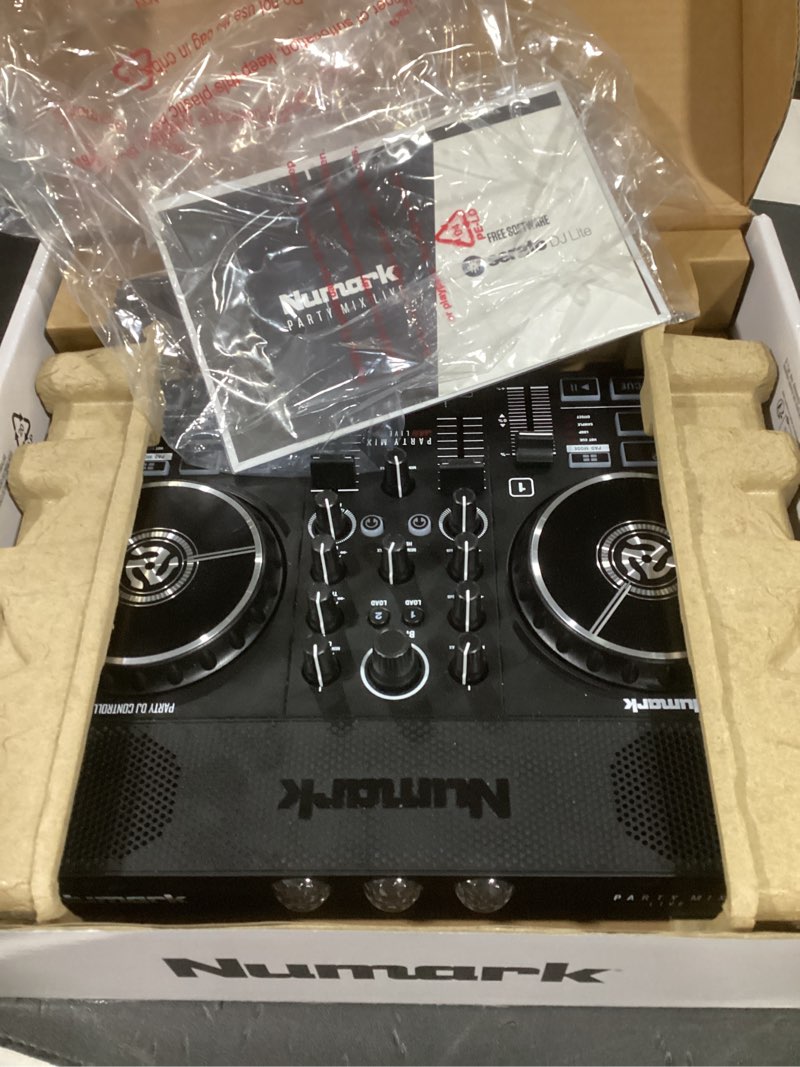 Condition photo showing New/Like New for numark party mix live dj controller with speakers, lights, 2 decks, mixer, audio interface and serato lite dj contorller
