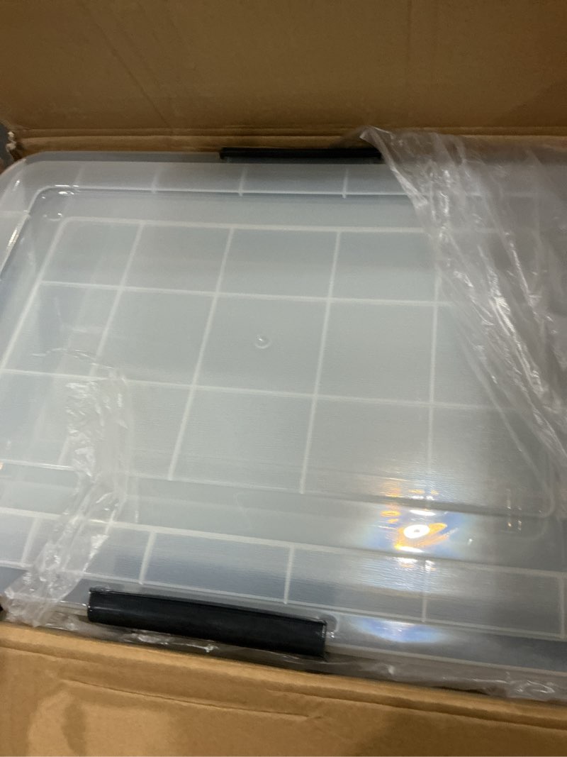 Condition photo showing Good Condition for plastic storage bins tote organizing container with durable lid and seal and secure latching buckles?clear,3 pack?three sizes?l-32qt m-19qt s-12qt?