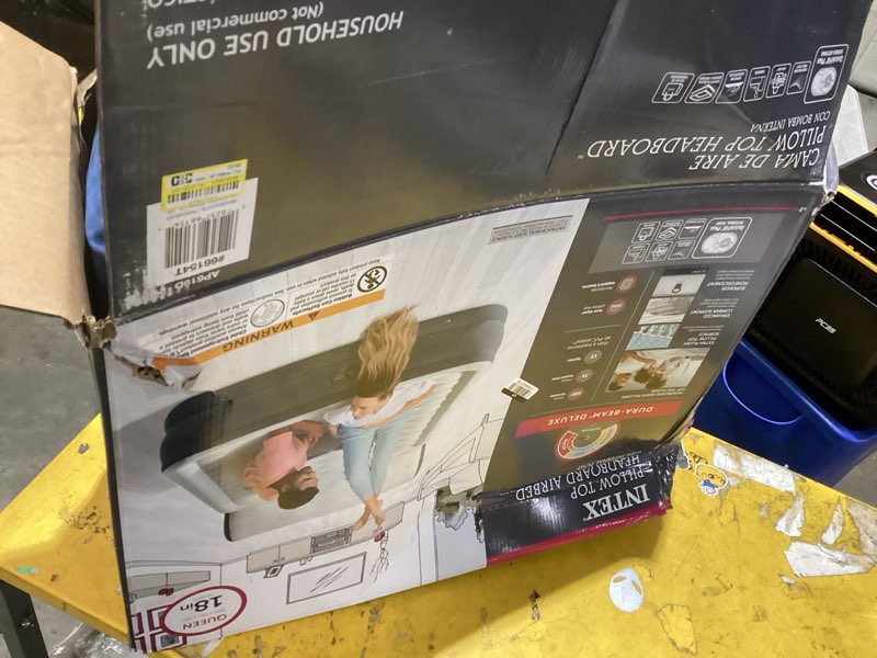 Condition photo showing As Is for intex 18" pillow top air mattress with electric pump and headboard - queen size