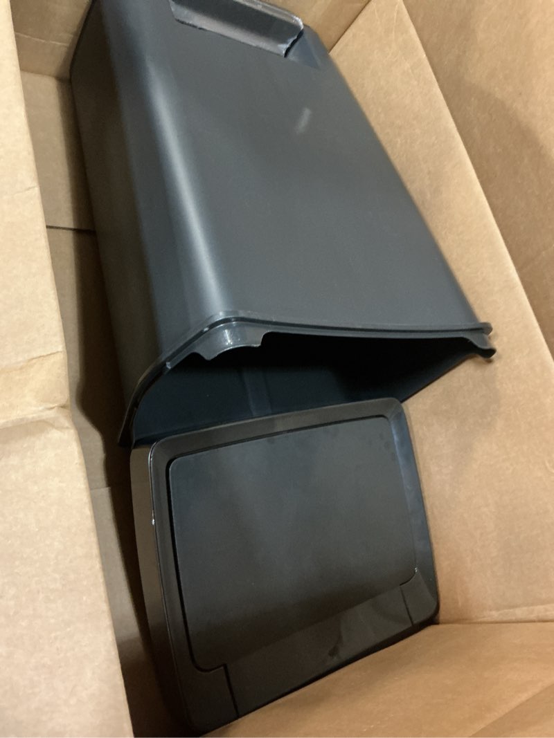 Condition photo showing Good Condition for rubbermaid premier series iii step-on trash can for home and kitchen, with stainless steel rim, 12.4 gallon, charcoal, for home/kitchen/garage/apartment/office metal rim, resin lid