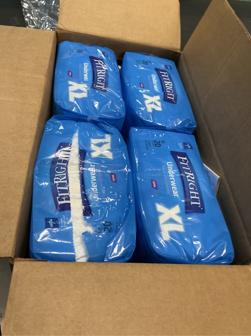 Condition photo showing New/Like New for fitright super adult incontinence underwear, maximum absorbency, x-large, 56-68, 4 packs of 20 (80 total) x-large (80 count)