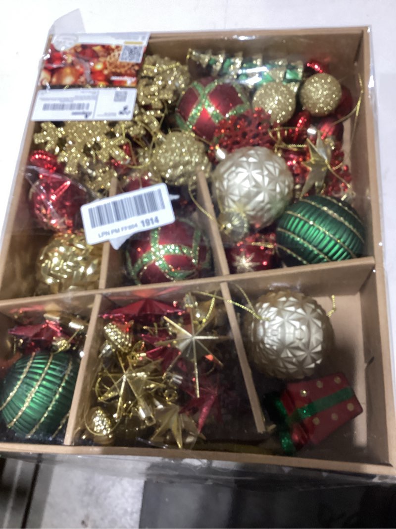 Condition photo showing As Is for Alupssuc 82pcs Christmas Balls Ornaments Set, Delightful Classic Gift Set, Shatterproof Plastic Decor for Xmas Tree Holiday Wedding Party Decorations with Hanging Strings, Gold, Red and Green Goldredgreen