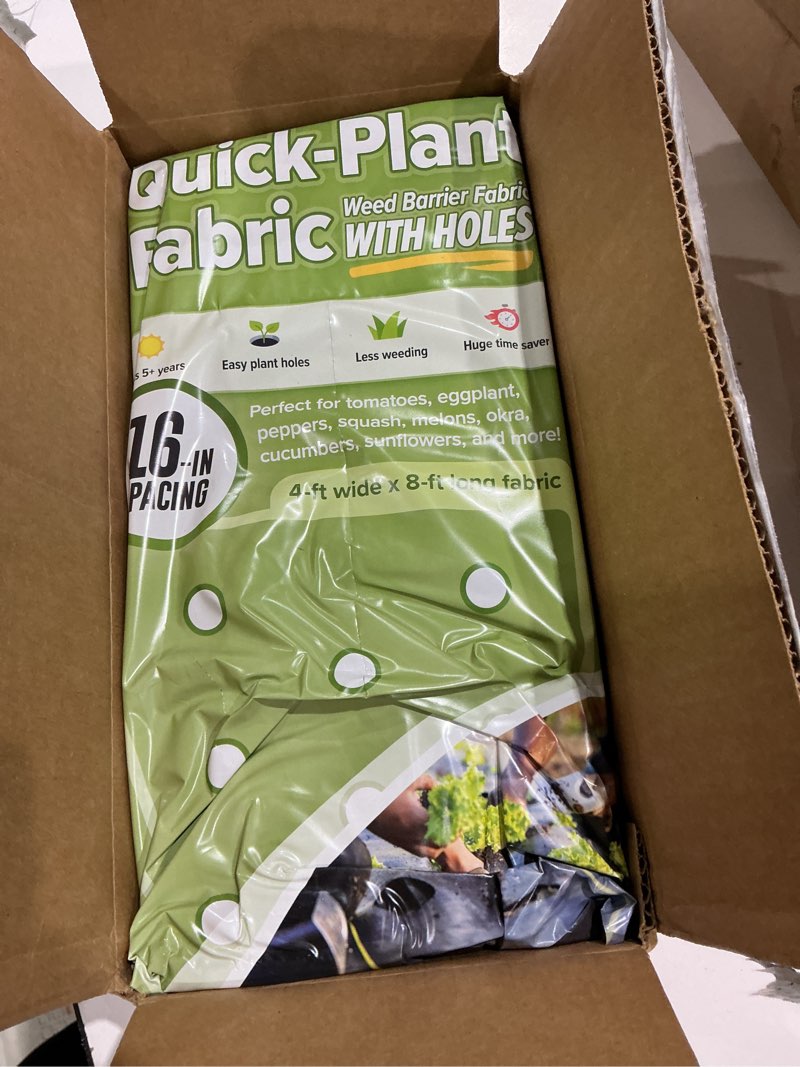 Condition photo showing Good Condition for quick-plant fabric, garden weed barrier, 4ft x 8ft, 3.2 oz polypropylene, pre-burned planting holes, 5-year uv protection (16-in plant spacing)