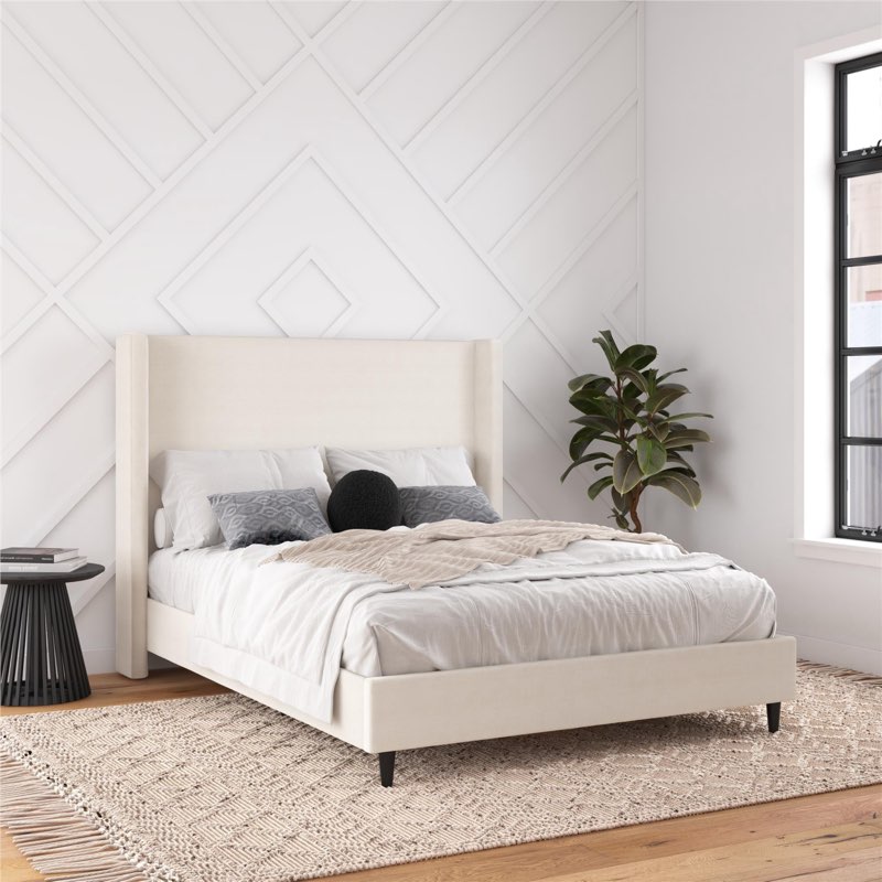 Eveline Upholstered Platform Bed Frame With High Wingback Headboard, King, Ivory Corduroy ( incomplete Box 1  Of 2)