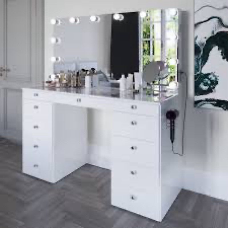 (incomplete 1 box of 3 ) boahaus orla makeup vanity table with built-in lights, usb ports & glass top | premium design