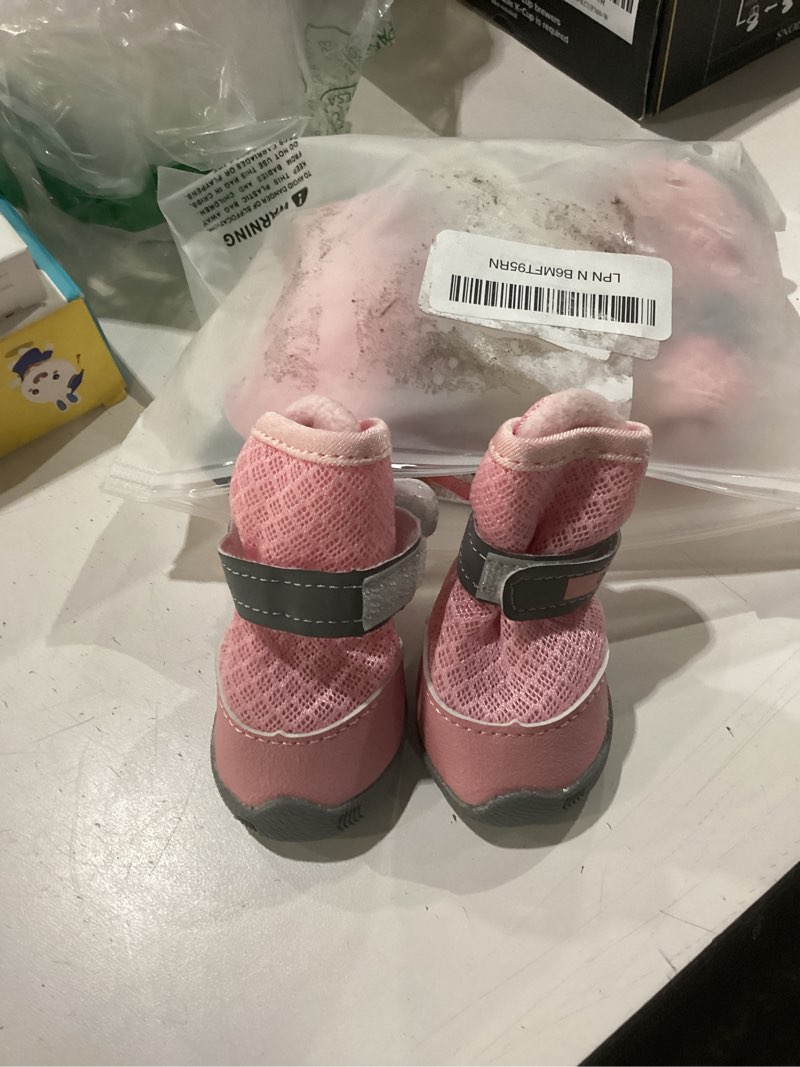 Condition photo showing New/Like New for QUMY 4PCS Dog Shoes for Small Dogs, Hot Pavement Summer Puppy Dog Boots & Paw Protectors with Soft Anti-Slip Rubber Sole, Mesh Breathable Dog Booties for Hardfloors, Walking Running Pink Size 3 Pink size 3: 1.70"x1.31"(L*W)