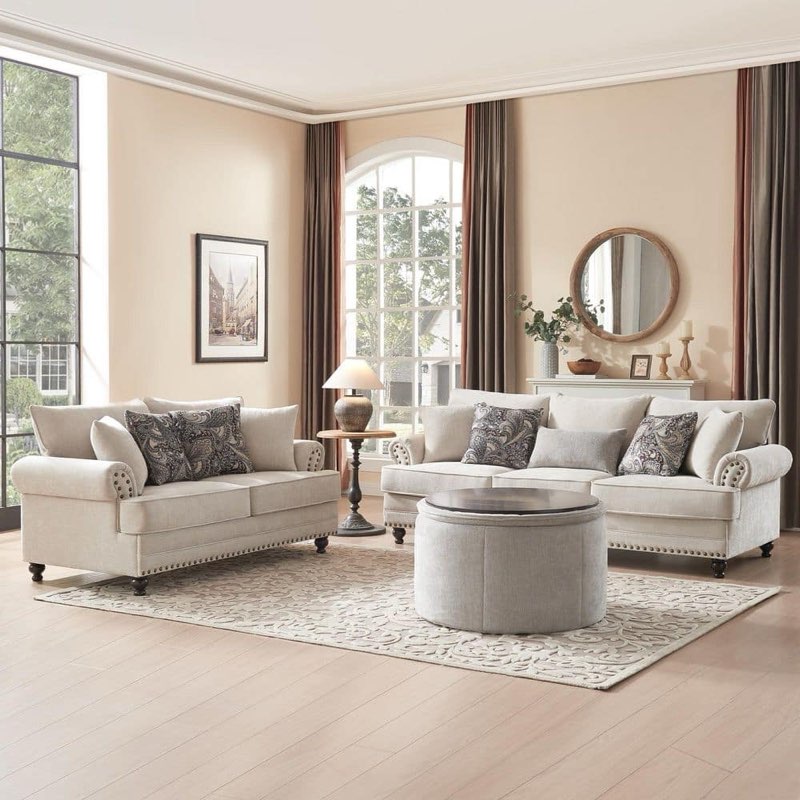 Incomplete)))))Chesterfield Couch Set Rolled Arm Chenille Beige Sofa Loveseat Living Room Set