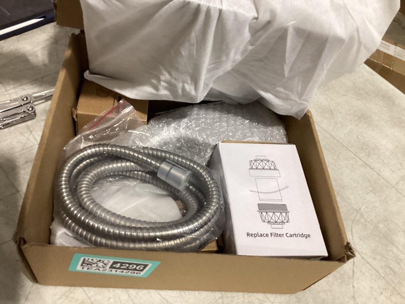 Condition photo showing As Is for Hibbent All Metal 10'' Filtered Rainfall Shower Head Combo, High Pressure Handheld Shower Head with 12'' Adjustable Curved Extension Arm, 20 Stage Shower Filter, 10-spray, 71'' Hose, Brushed Nickel Square 10'' with Filter Brushed Nickel