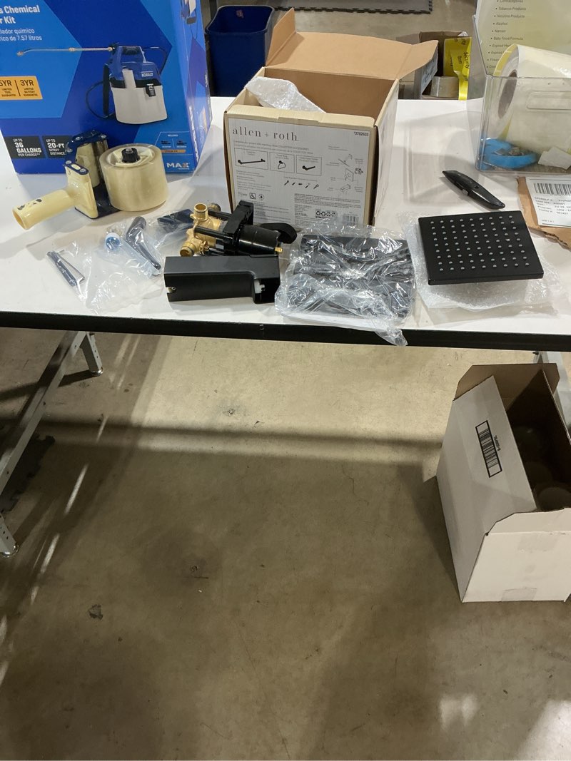 Condition photo showing As Is for allen + roth veda matte black 1-handle single function 6-in square bathtub and shower faucet ( valve included )