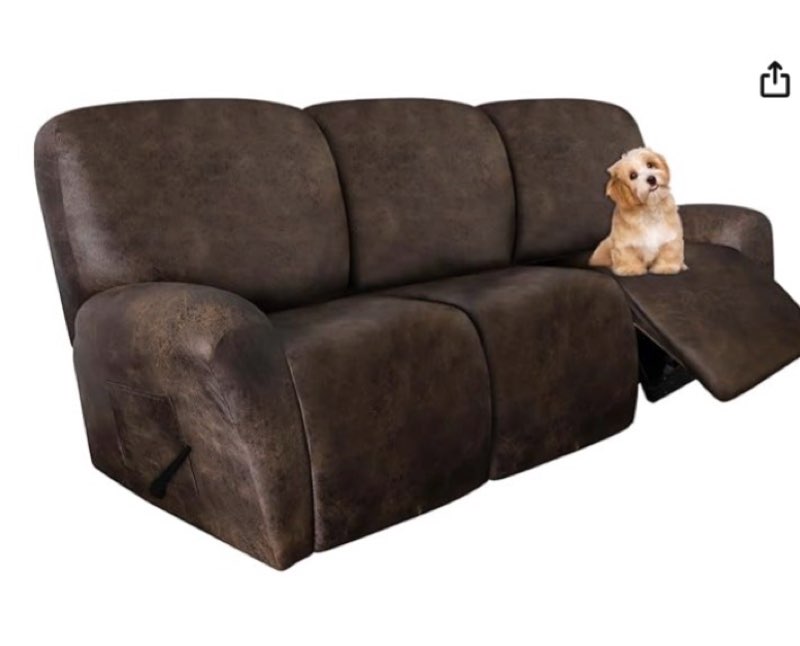 molasofa recliner sofa covers - 8 pieces stretch leather like large couch covers for 3 seats reclining slipcovers soft jacquard pattern furniture protector with elastic bottom (dark brown)