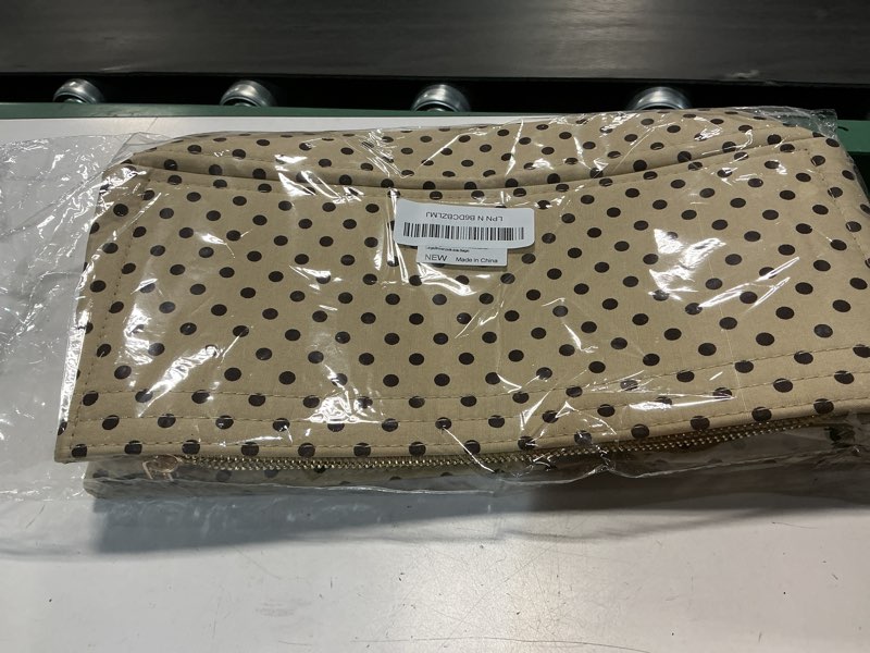 Condition photo showing New/Like New for purse organizer insert for handbags, silky touching bag organizer insert with bottle holder, perfect for speedy, neverfull, tote,onthego ,artsy,handbag and more (slender large,brown polk dots beige) slender large brown polka dots beige