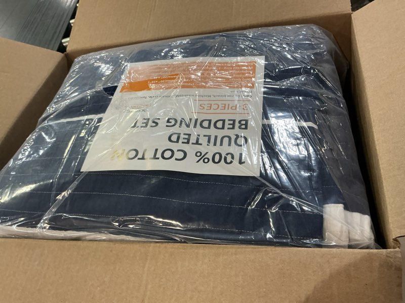 Condition photo showing Good Condition for perhom king size quilt navy blue striped quilts king size, 100% cotton king quilt with 2 shams, lightweight soft bedspreads/coverlet/bedding set for all season, 3 pieces navy blue striped/gray/white king(98"x106")