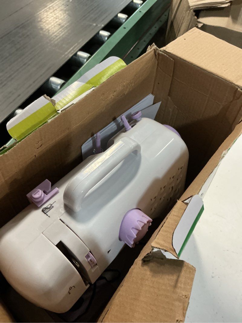 Condition photo showing As Is for Sewing Machine for Beginners, Portable Mini Small Sewing Machine with 50 Pcs Fabric and 32 Pcs Sewing Threads Kit, 12 Built-in Stitches 2 Speed with Foot Pedal Purple