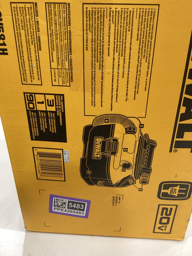 Condition photo showing Good Condition for dewalt 20v max shop vacuum wet and dry, shop vac 2 gallon, cordless and corded wet dry vacuum cleaner, wide nozzle, hepa filter, tool only (dcv581h) wet/dry vac only