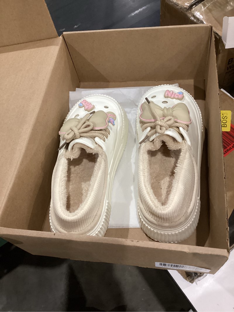 Condition photo showing New/Like New for SIMILAR TO NOT EXACT. COLOR IS TAN DREAM LAKE Women's Platform Slipper with Bow and Flower Charms,Indoor Outdoor House Shoes for Winter Comfy 6.5-7 