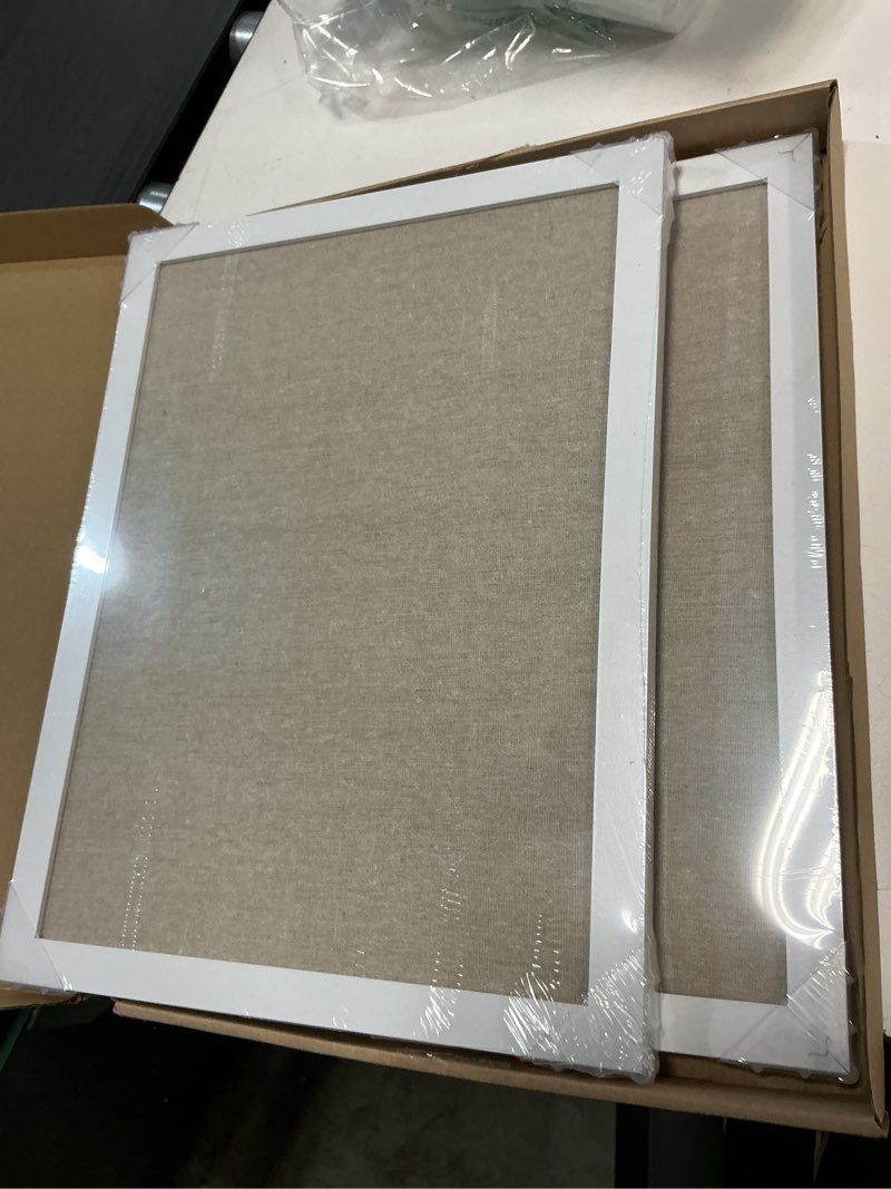 Condition photo showing New/Like New for 2-Pack Double-Sided Cork Board with Linen, 16" x 12" Hanging Wood Framed Bulletin Board, Picture Display Vision Board Kit Corkboards for Wall School Office Decor, 20 Pushpins (Vintage White) Beige - 2pcs 16"x12"