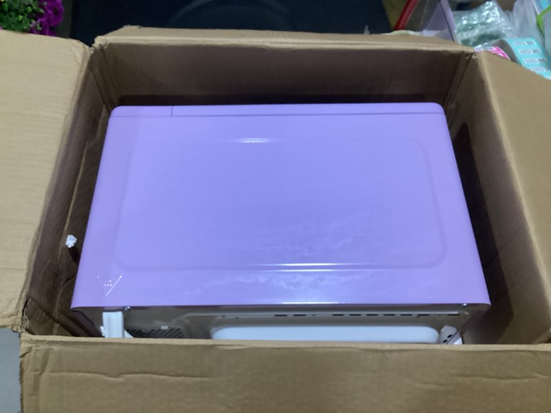 Condition photo showing As Is for nostalgia countertop microwave oven with easy clean interior- retro microwave with led display & child lock- compact 0.7 cu ft oven with 12 pre-programmed settings for any kitchen- 700-watts- lavender retro classic 0.7 cu. ft. lavender