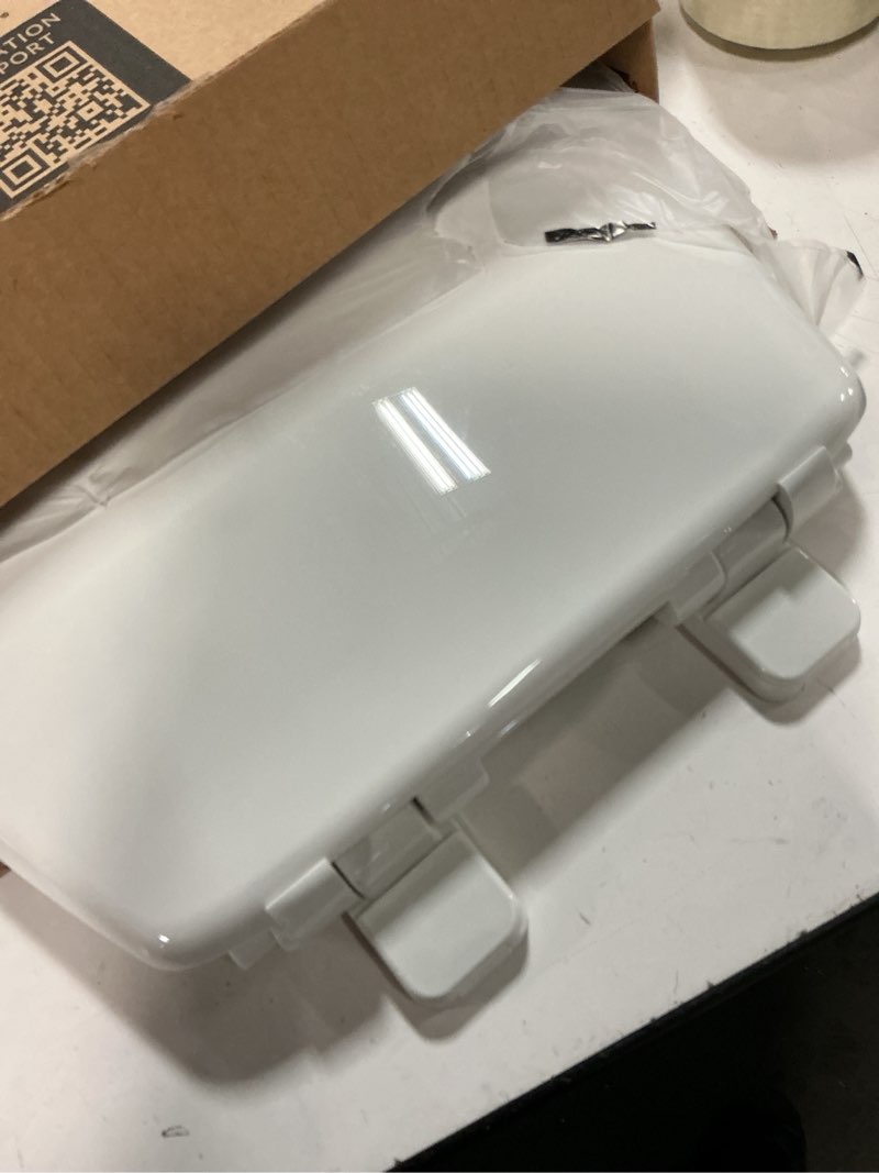 Condition photo showing As Is for Mayfair Little2Big? Round Plastic Toilet Seat in White with STA-TITE? Seat Fastening System? and Whisper•Close? Hinge