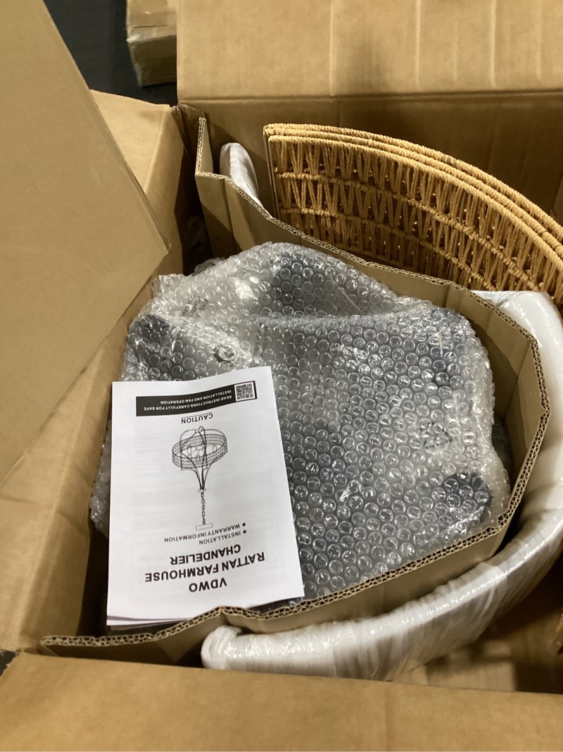 Condition photo showing Good Condition for 25.6" Large Rattan Farmhouse Chandelier, 6-Light Boho Black Modern Chandelier Light Fixture, Rustic Wicker Chandelier with Woven Shade for Dining Room, Living Room, Bedroom Large 6 light 25.6 inches