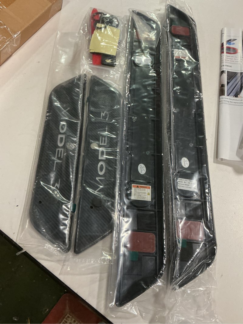 Condition photo showing Good Condition for LED Door Sill Lights for Tesla Model 3 2017-2025 Accessories, ABS Scratch-Resistant Sill Protector with 7-Color RGB Lighting, Battery Powered Model 3 Pedal Mood Lamp, Carbon Fiber, 4PCS