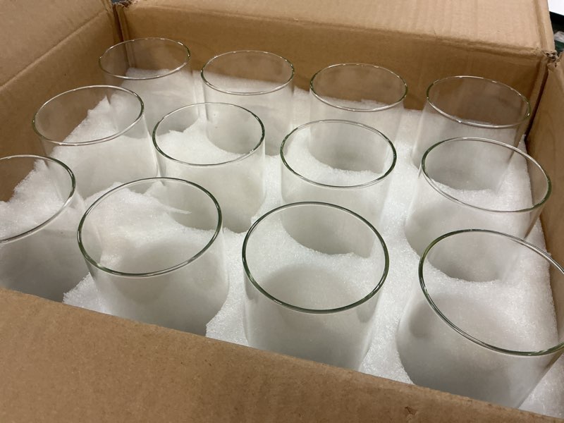 Condition photo showing Good Condition for 12 Pcs Hurricane Candle Holder Sleeve, H:14" D:3" Bottomless Glass Cylinder Candleholder Tall Clear Glass Cylinder Open Both Ends, Chimney Tube Cover, Open Ended Candle Shade