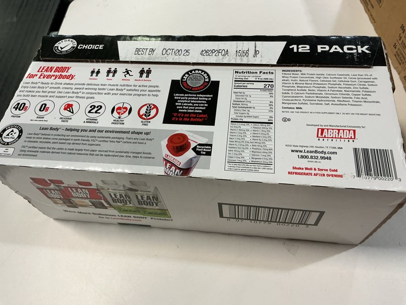 Condition photo showing Good Condition for (Best By Oct/2025) Labrada Lean Body Ready-to-Drink Chocolate Protein Shake, 40g Protein, Whey Blend, 0 Sugar, Gluten Free, 22 Vitamins & Minerals, LABRADA, 17 Fl Oz (Pack of 12) Chocolate 204 Fl Oz (Pack of 1)