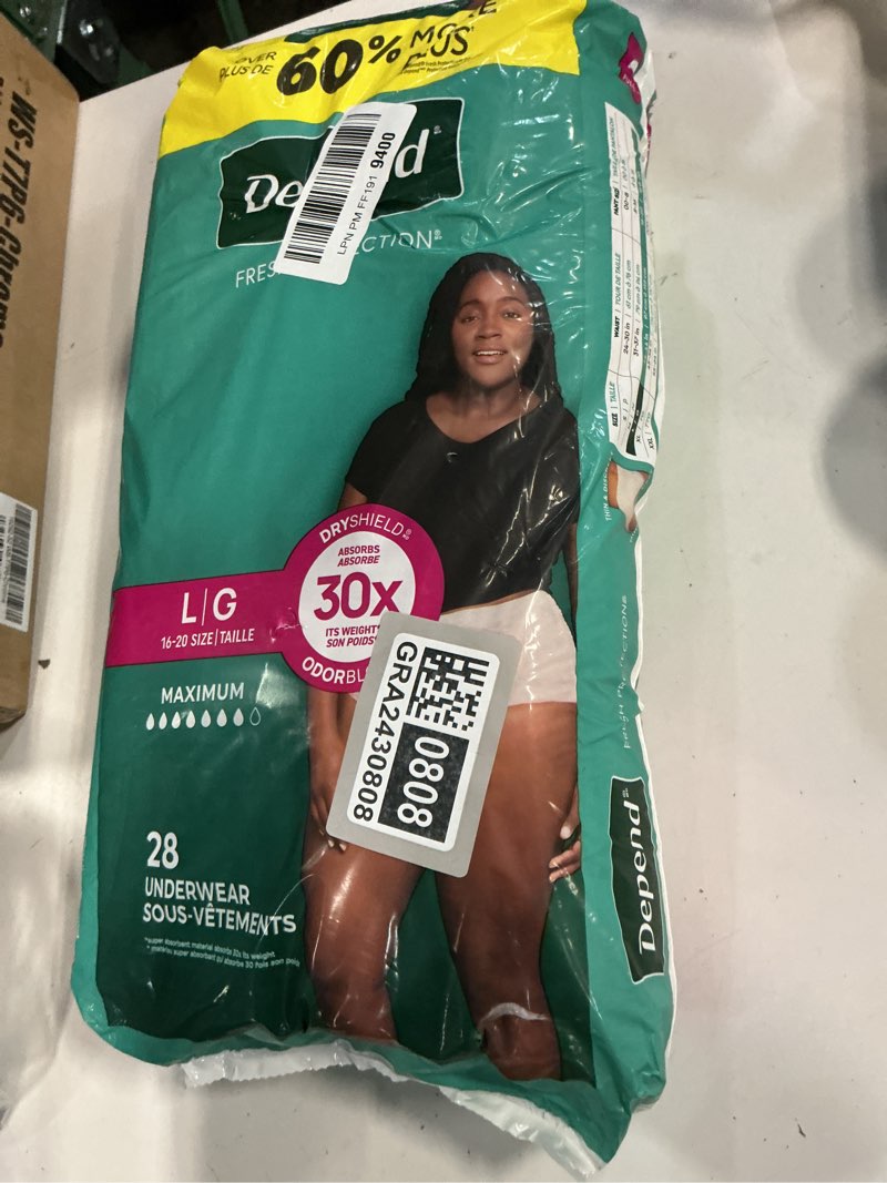 Condition photo showing New/Like New for Depend Fresh Protection Adult Diapers, Incontinence & Postpartum Bladder Leak Underwear for Women, Disposable, Maximum, Large, Blush, 28 Count, Packaging May Vary Large 28
