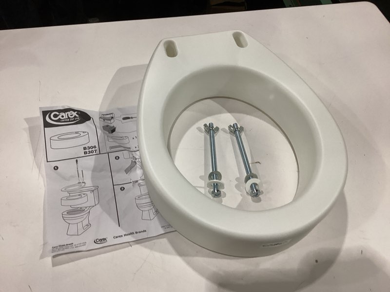 Condition photo showing New/Like New for carex toilet seat riser, round raised toilet seat adds 3.5 inches to toilet height, for assistance bending or sitting, 300 pound weight capacity toilet riser
