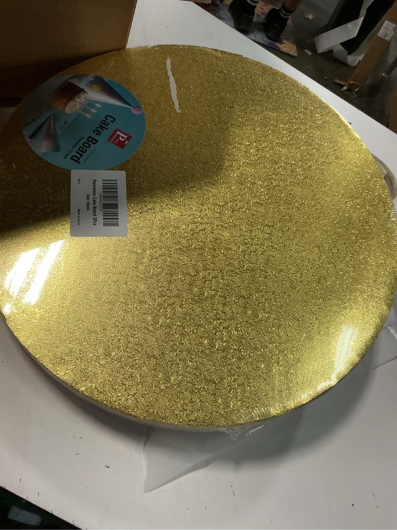 Condition photo showing Good Condition for 3pcs 16 inch gold round cake boards, 1/2inch thick sturdy cake drums with smooth straight edges, waterproof & oil-proof (gold, 16") gold 16"