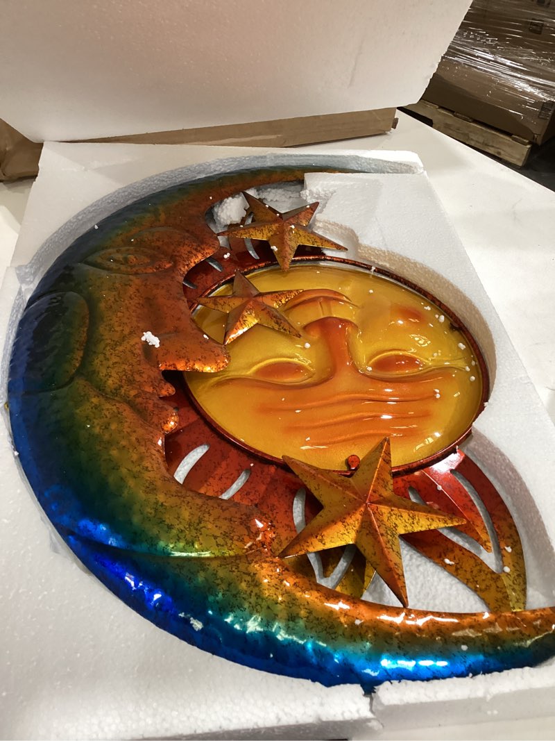 Condition photo showing Good Condition for metal larger size 32 inch sun outdoor wall art decor with moon & stars,hanging for valentine patio garden fence deck yard pool wall sculpture decoration for living room bedroom 32"l x 32"w sun&moon