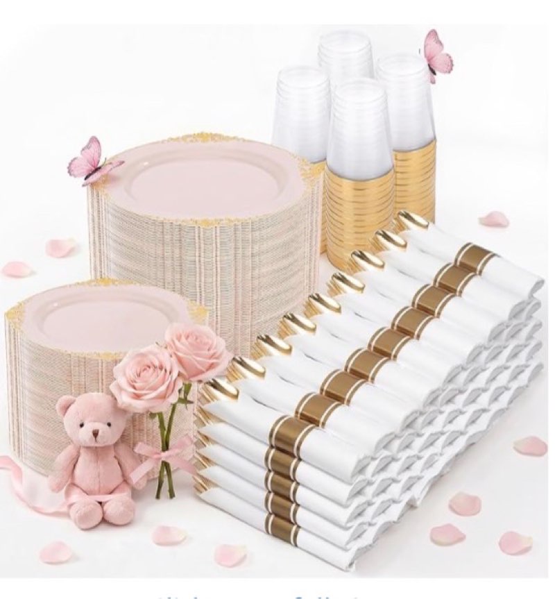 GATHER 700PCS Pink Plastic Plates - Gold Rim Disposable Plastic Dinnerware Set Include 200 Pink Plat