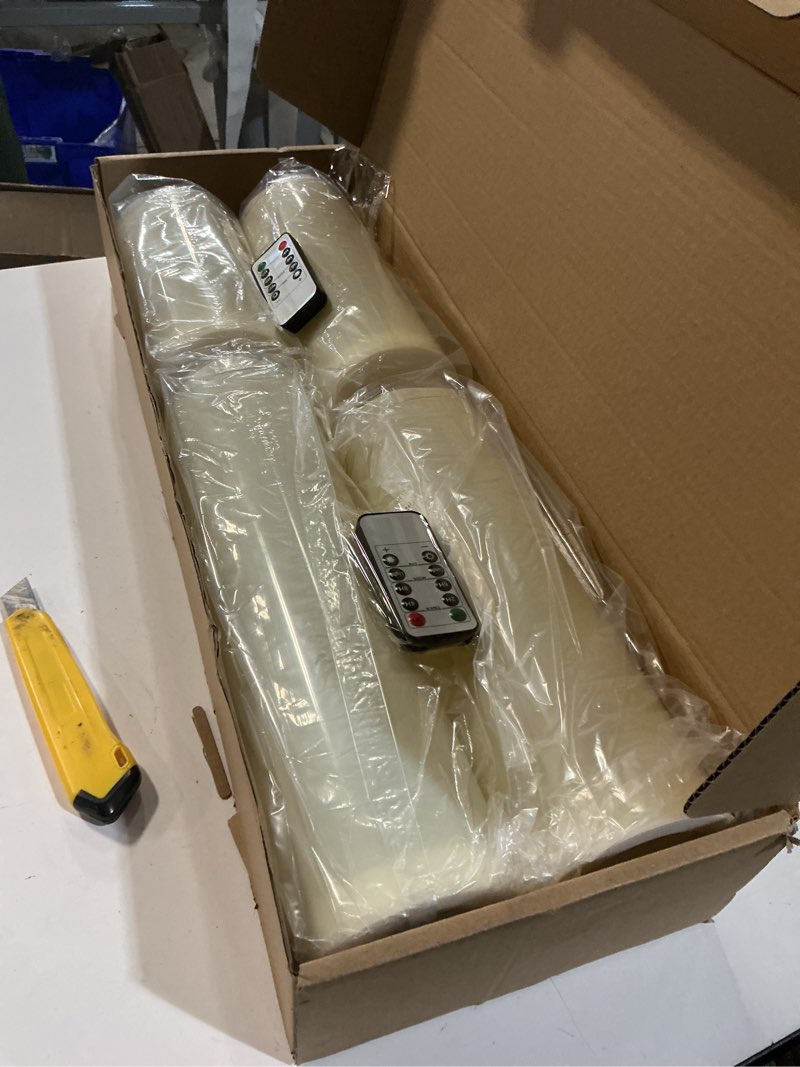 Condition photo showing New/Like New for 8" 10" 12" 14" x 4" Large Waterproof Outdoor Flameless Candles, 4 Pcs LED Pillar Candles with Remote and Timers Battery Operated Jumbo Flickering for Home Patio Porch Church Indoor Lanterns Ivory White 8" 10" 12" 14" X 4" Classic