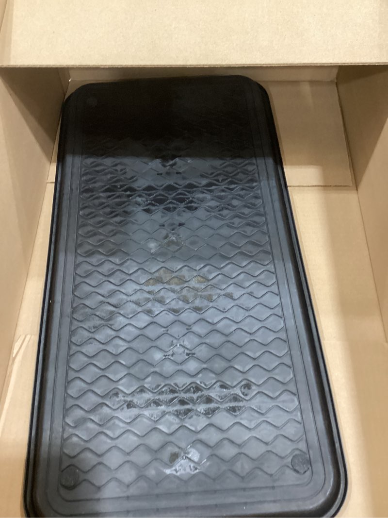 Condition photo showing As Is for ottomanson 15" x 30" multi-purpose boot tray – waterproof shoe & pet feeding spill tray, litter box & pee pad holder, painting & planting mat, 1.2" raised edge floor protection a black tray - 15" x 30"