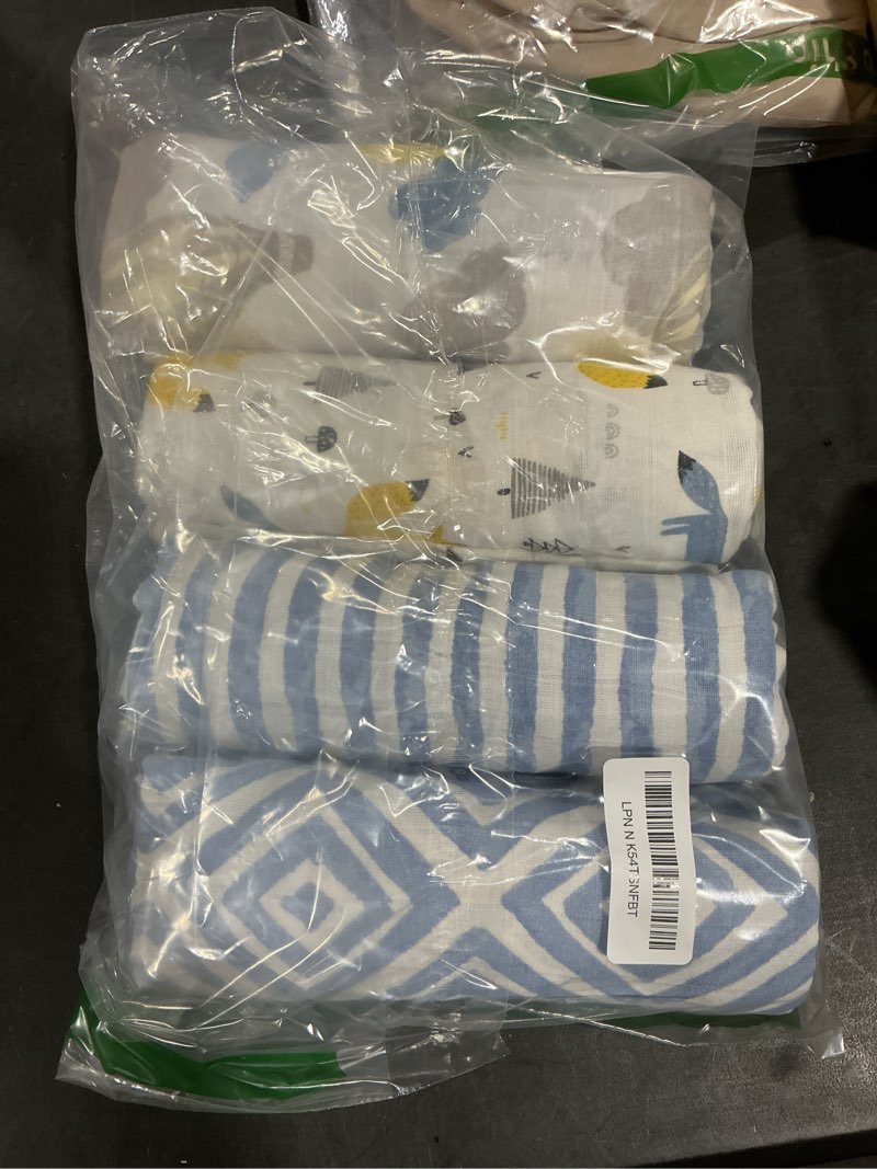 Condition photo showing New/Like New for Featherhead™ 100% Cotton Muslin Swaddle Blankets for Baby Boy - Large 47”x 47” - Pre-Washed, Soft, & Breathable - Newborn Essential & Perfect Baby Registry Gift (4 Pack - Blue Foxes)