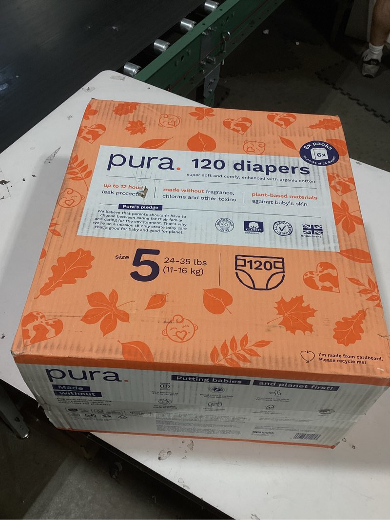 Condition photo showing Good Condition for pura size 5 eco-friendly diapers (24-35 lbs) totally chlorine free (tcf), hypoallergenic, soft organic cotton, sustainable, up to 12 hours leak protection, allergy uk, 6 packs of 20 (120 diapers) size 5 60 count original design