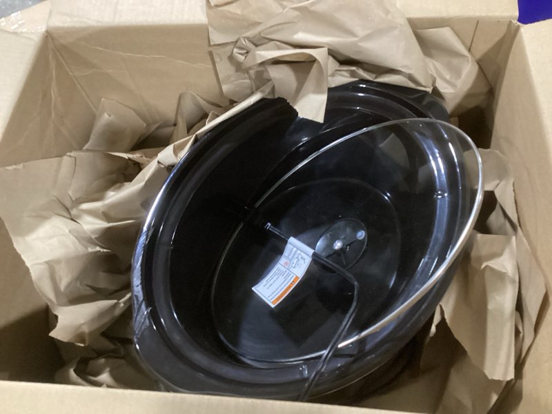 Condition photo showing As Is for crock-pot large 8-quart programmable slow cooker with auto warm setting black stainless steel