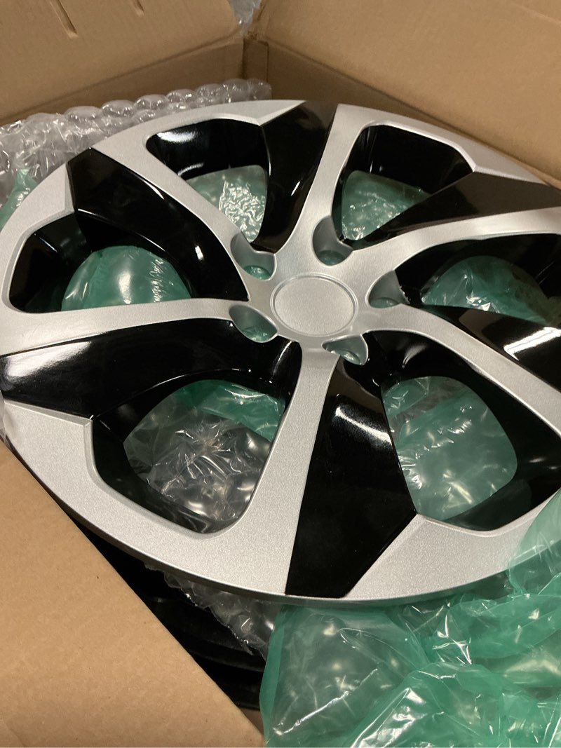 Condition photo showing As Is for ABX Hubcaps, 16 inch hubcaps Set of 4, Replacement Hubcaps, Wheel Rim Cover ABS Material, Snap On Car Truck SUV Hub Cap, for Toyota Camry Nissan Mazda etc, Black & Silver