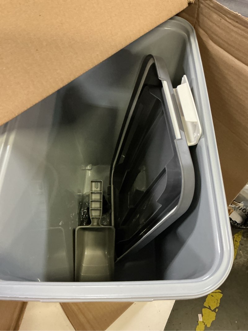 Condition photo showing Good Condition for iris usa dog food storage container with wheels, airtight lid, 2-cup scoop, up to 40 pounds pet food storage, built in scoop storage in lid, versatile pet food bin, portable, bpa free, gray/dark gray 40 lbs gray/dark gray